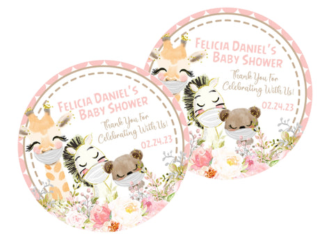 girls safari baby shower stickers with giraffe zebra bear wearing masks