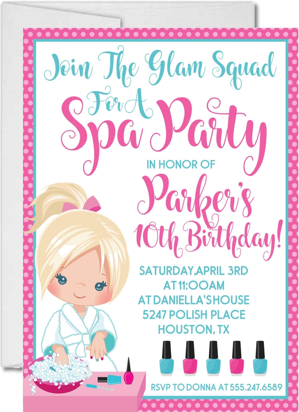 girls spa party invitations manicure theme