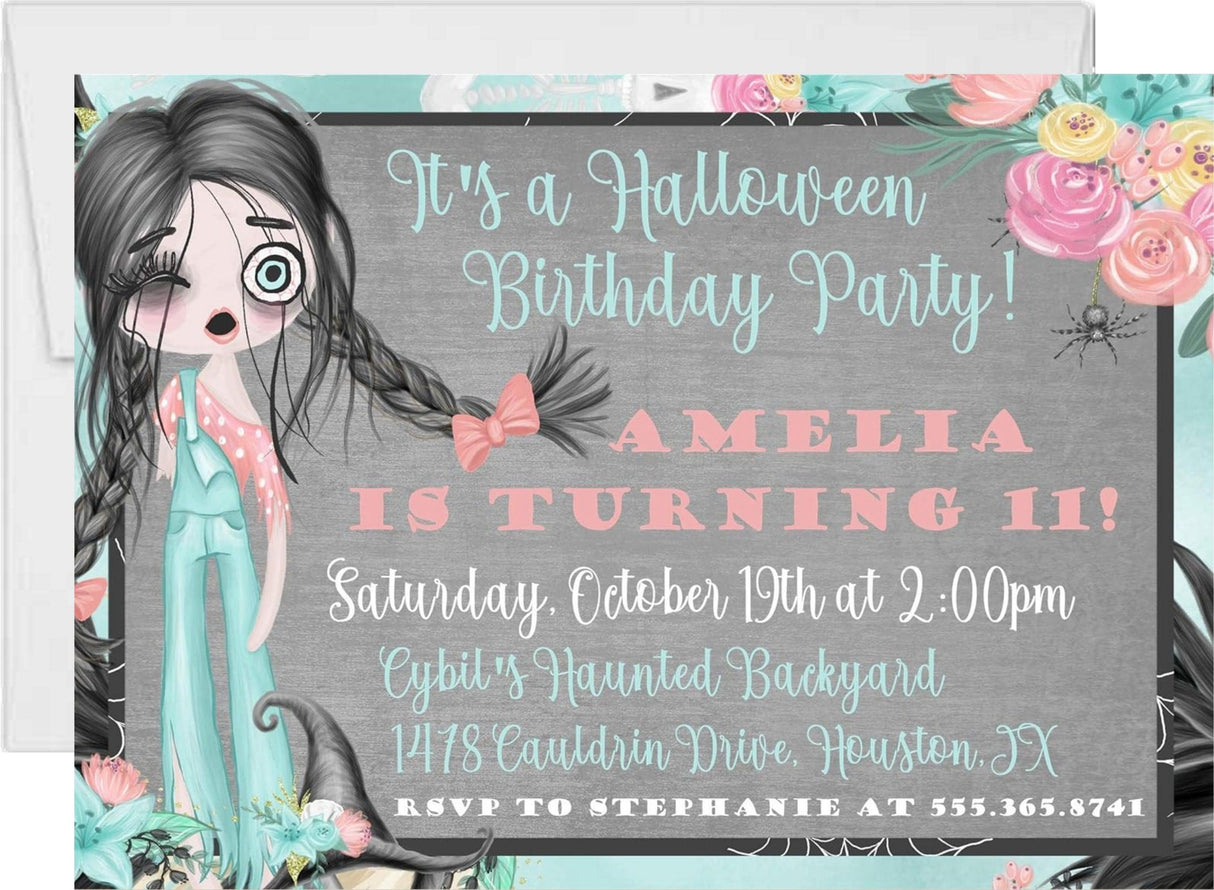 girls zombie birthday invitations creepy cute floral theme