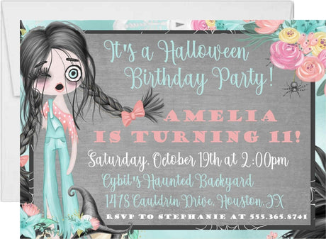 girls zombie birthday invitations creepy cute floral theme