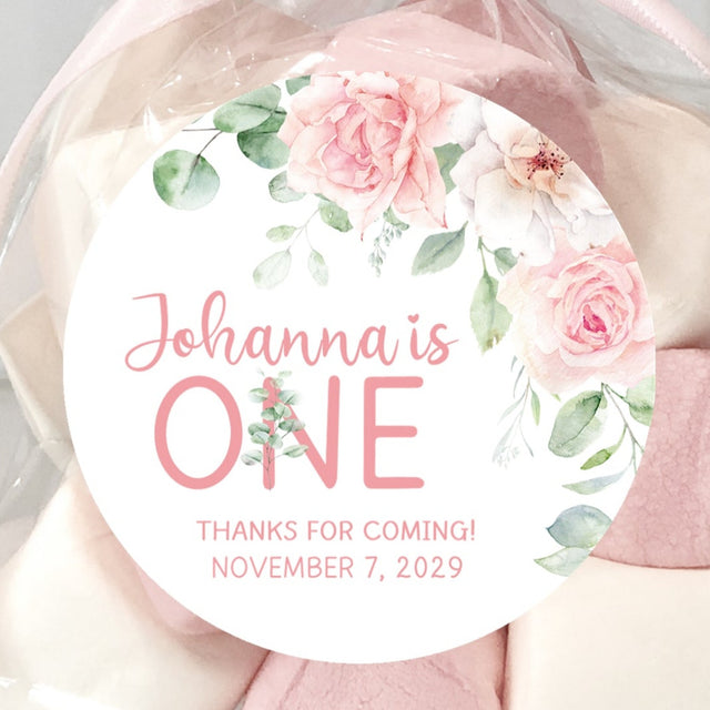 Pink rose watercolor 1st birthday sticker