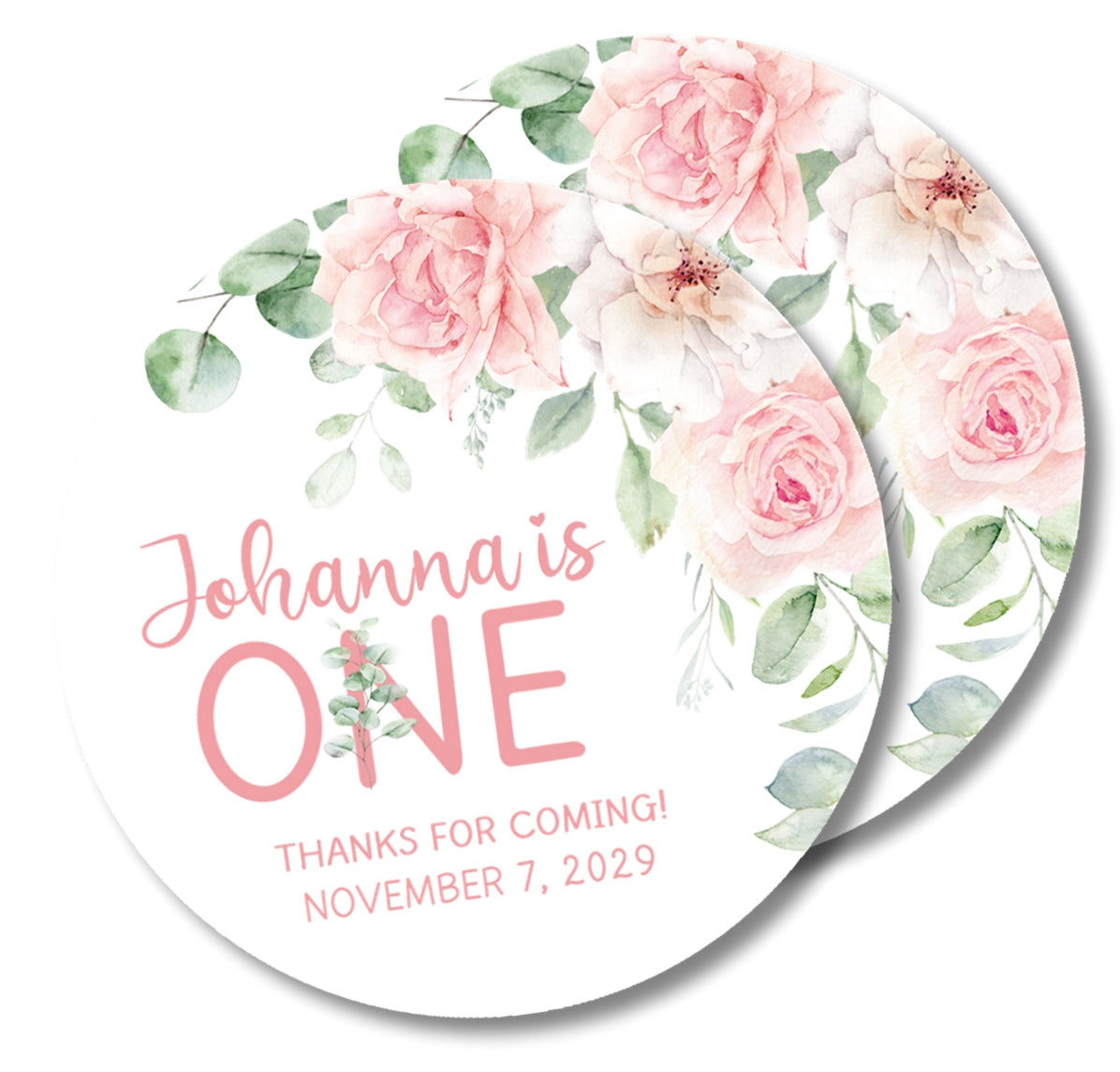 Girls Pink Rose 1st Birthday Party Stickers