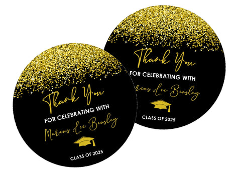 Gold and black graduation stickers – printed glitter design on matte paper