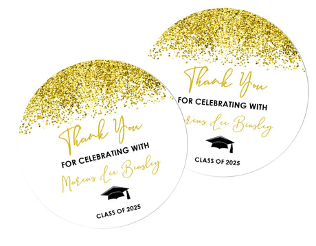 Gold graduation stickers – printed glitter design on matte paper