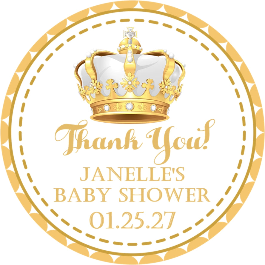 gold crown baby shower sticker with elegant royal design