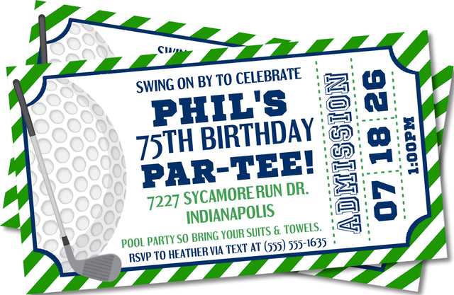 golf ticket birthday invitations green blue sports design