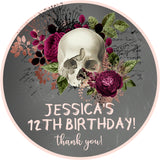 gothic skull birthday sticker with burgundy floral design