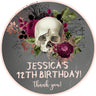 gothic skull birthday sticker with burgundy floral design