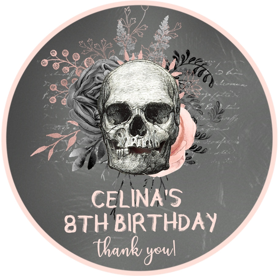 gothic skull floral halloween birthday sticker with blush accents