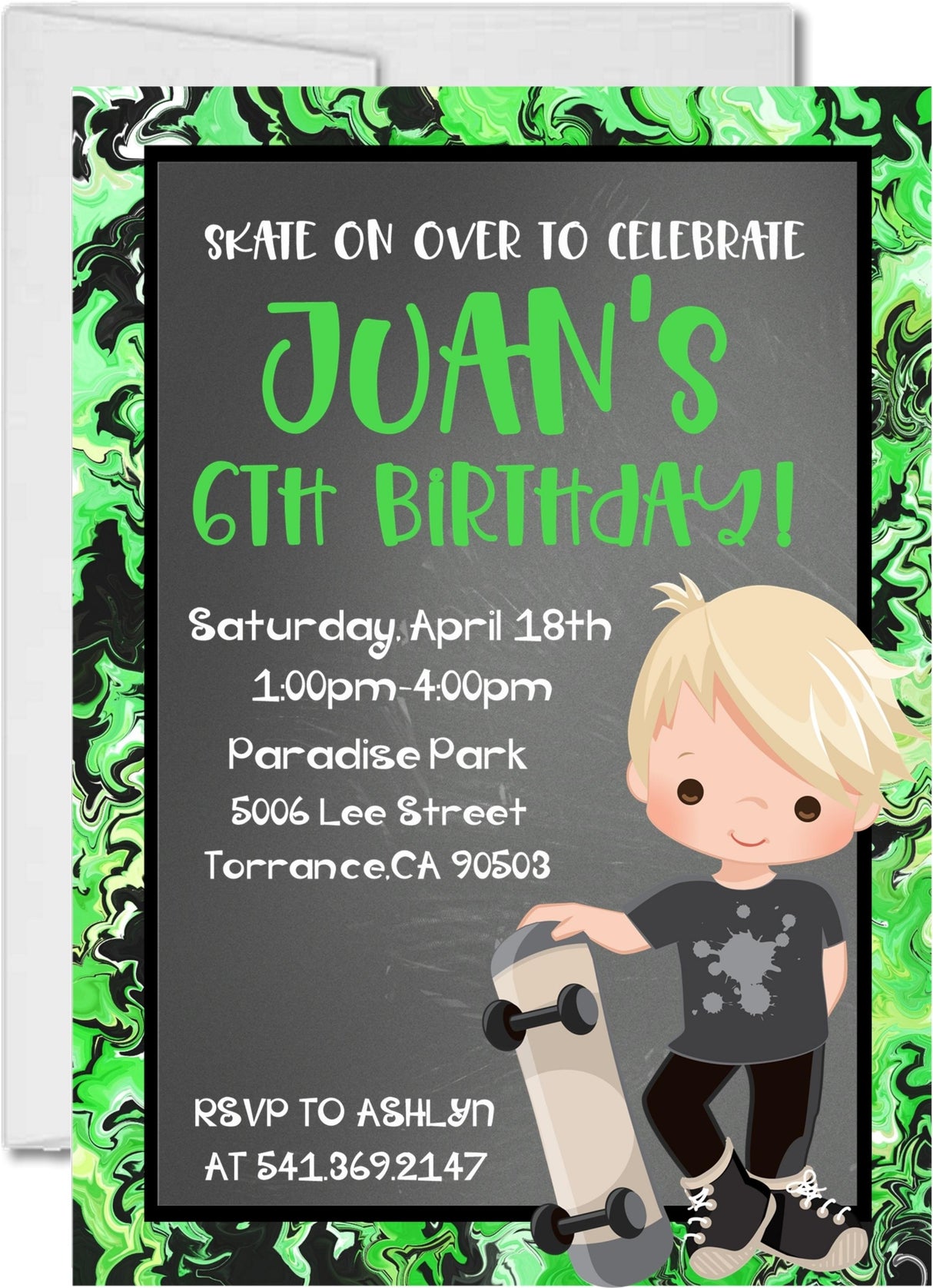 green black boys skateboard birthday invitations graffiti theme