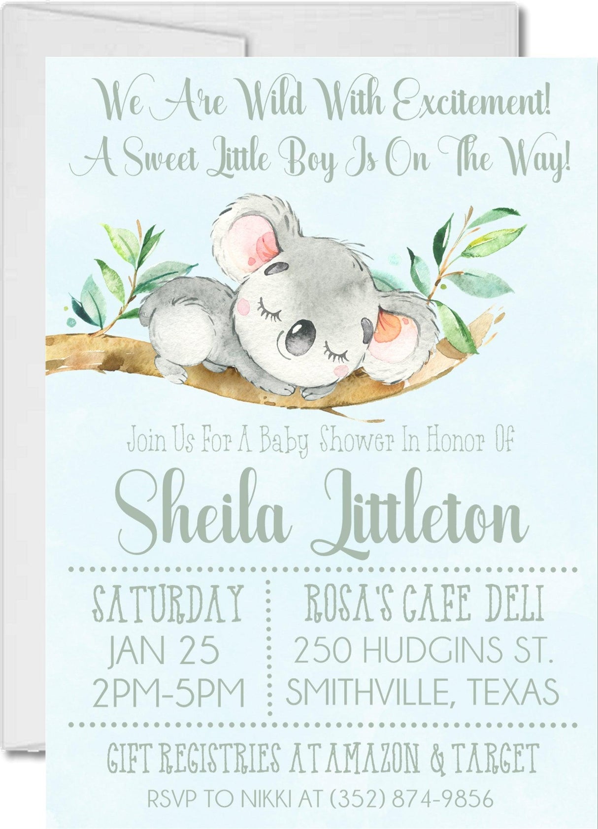 green botanical koala baby shower invitation cards rustic style