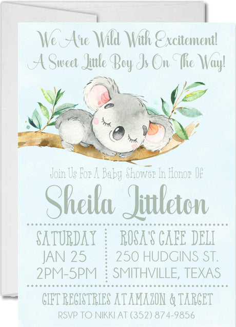 green botanical koala baby shower invitation cards rustic style