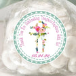 green floral baptism sticker with white floral cross
