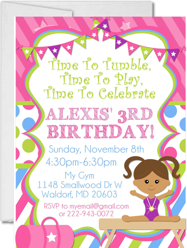 gymnastics birthday party invitations colorful design