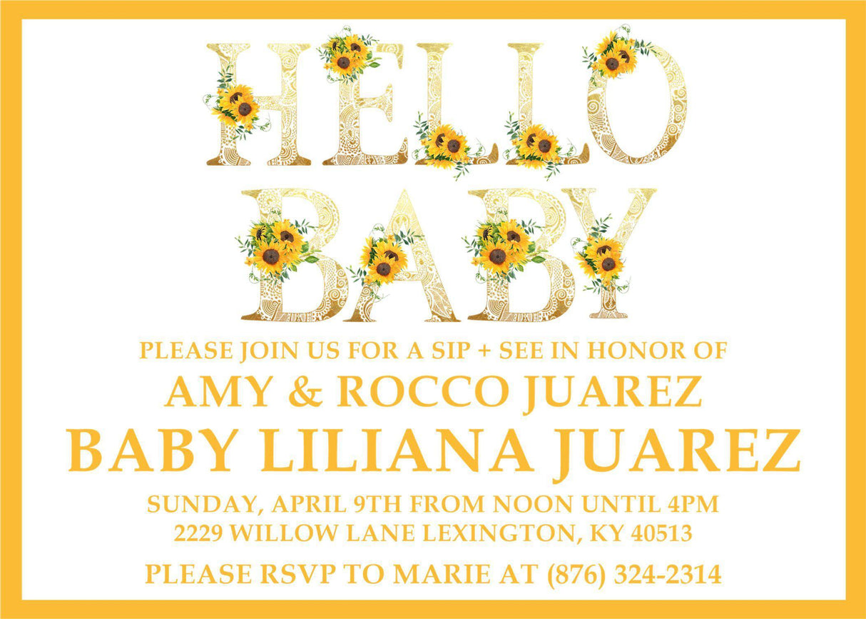 hello baby sip and see invitations greenery sunflower neutral design