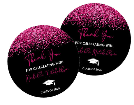 Hot pink and black graduation stickers – printed glitter design on matte paper