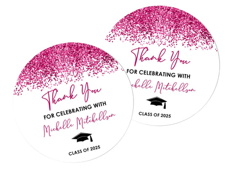 Hot pink graduation stickers – printed glitter design on matte paper