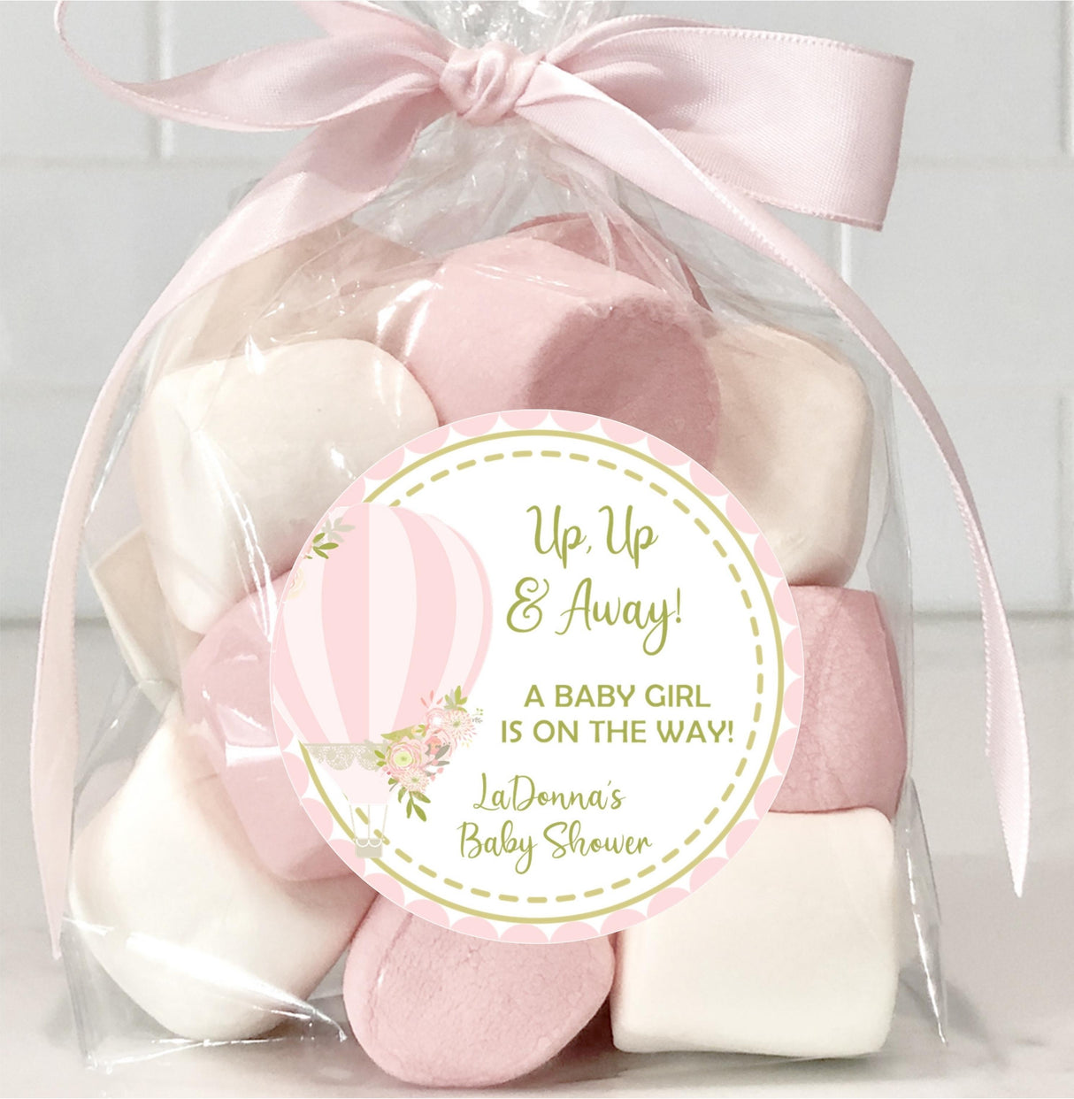 hot air balloon baby shower favor sticker with floral design and personalized text