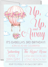 hot air balloon birthday party invitations pastel sky design
