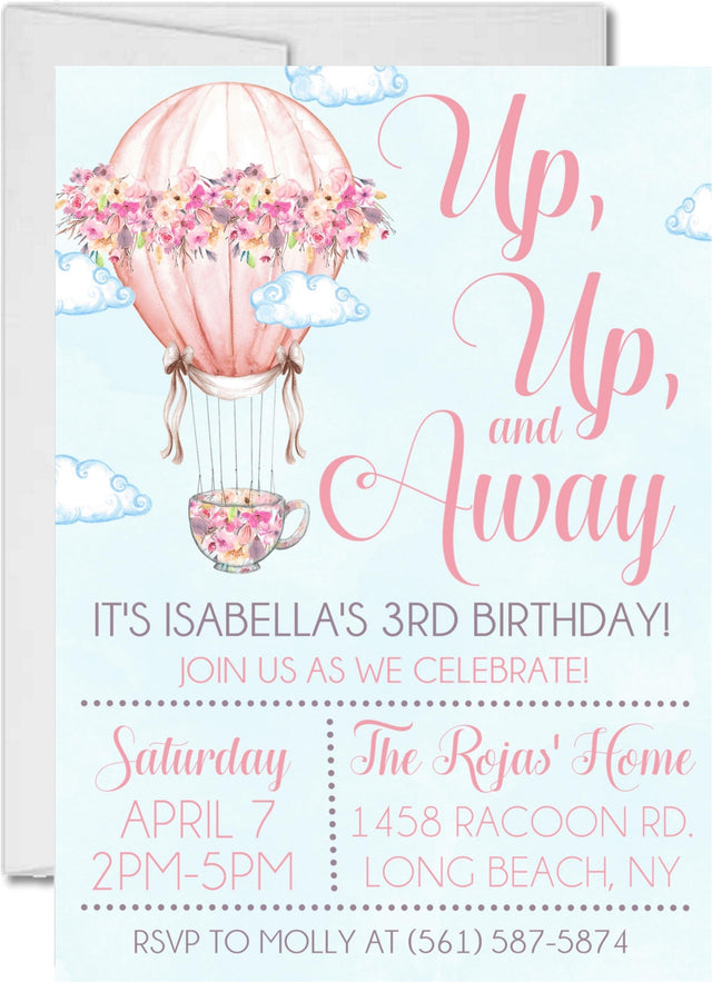 hot air balloon birthday party invitations pastel sky design