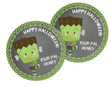 kids halloween favor label featuring frankenstein character