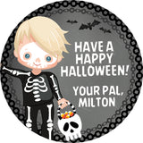 kids halloween trick or treat sticker with skeleton costume