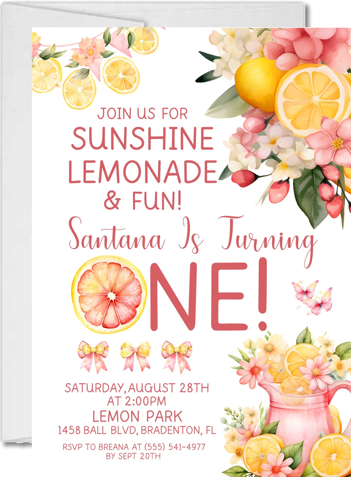 1st Birthday Pink Lemonade Birthday Party Invitations