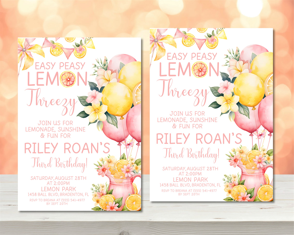3rd Birthday Pink Lemonade Birthday Party Invitations