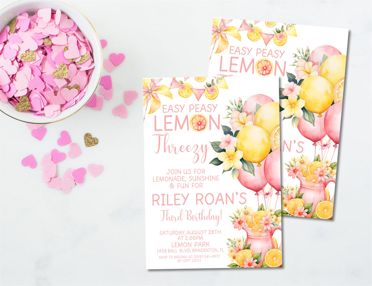 3rd Birthday Pink Lemonade Birthday Party Invitations