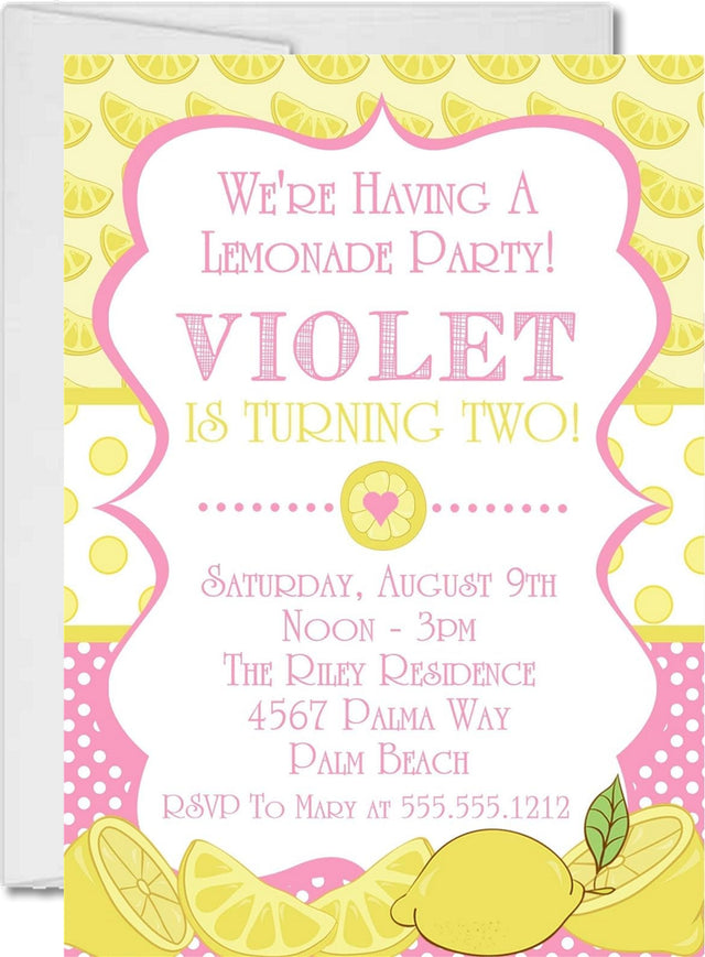 lemonade birthday party invitations pink yellow lemon design