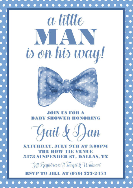 little man baby shower invitations blue bow tie design