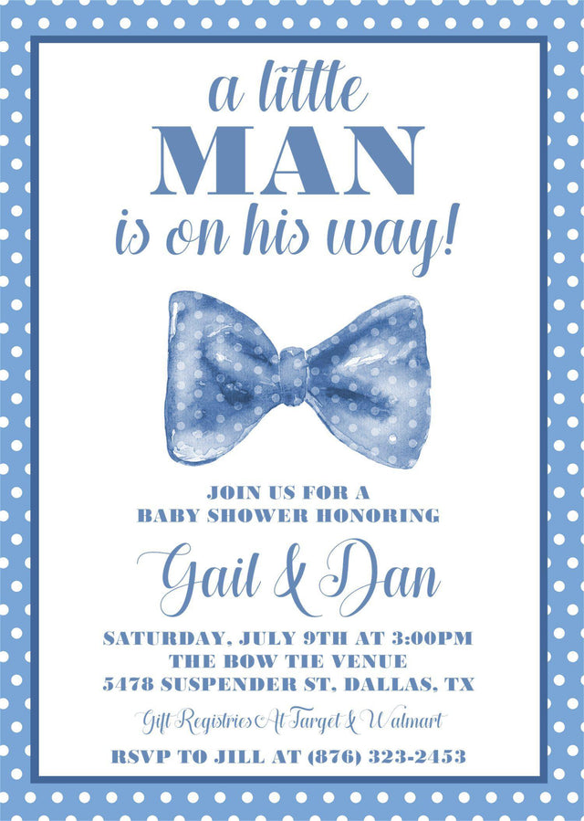 little man baby shower invitations blue bow tie design