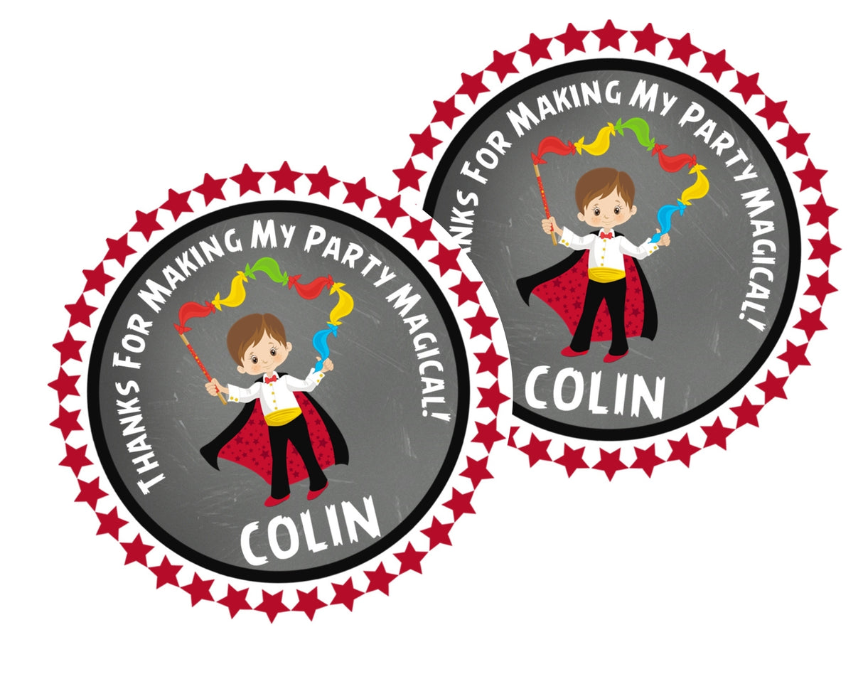 magician boy birthday sticker with colorful scarves