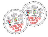 metallic robot classroom Valentine label for kids