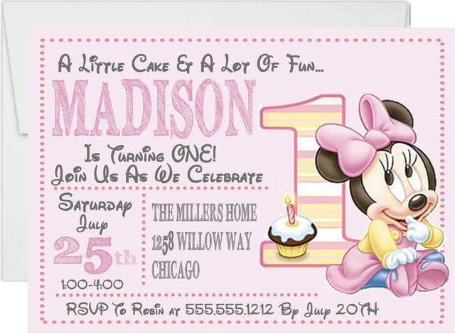minnie 1st birthday invitations pink mouse design