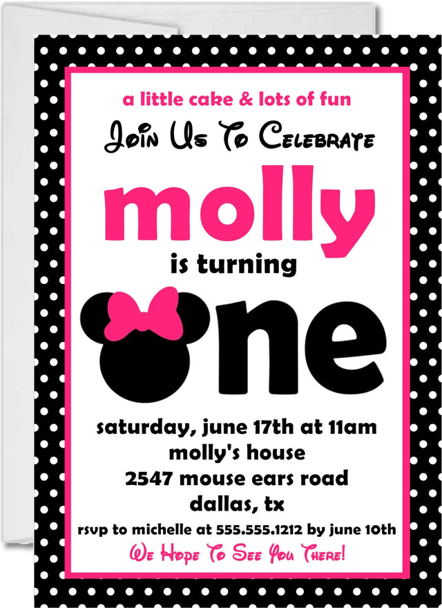minnie mouse first birthday invitations pink black theme