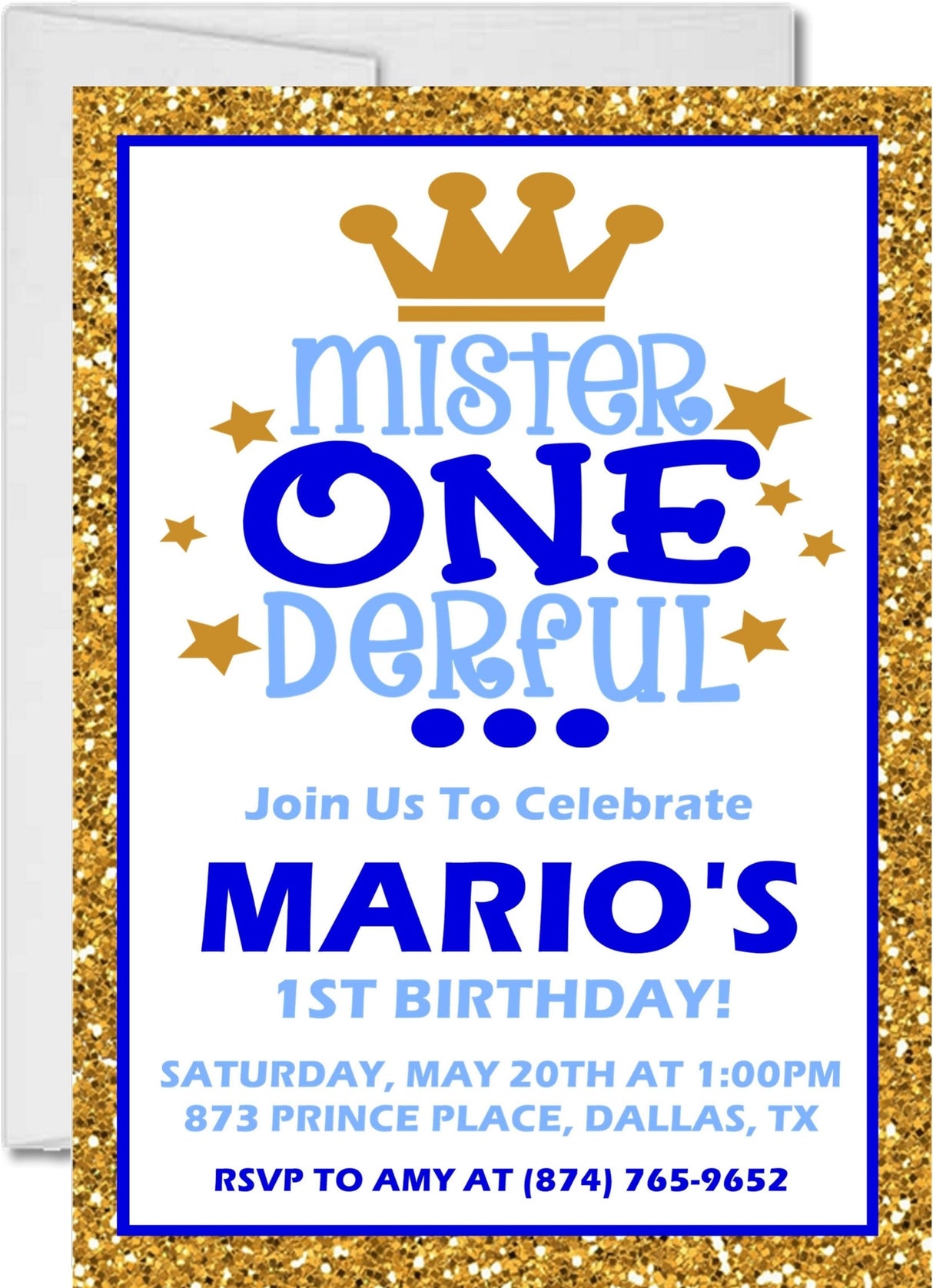 mister one derful birthday invitations blue gold theme