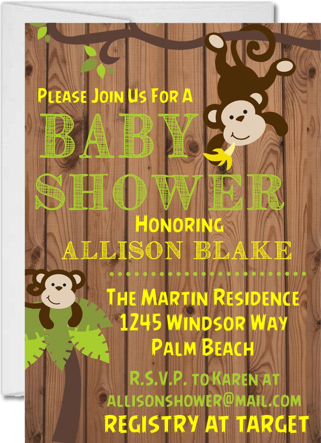monkey baby shower invitations rustic jungle wood design