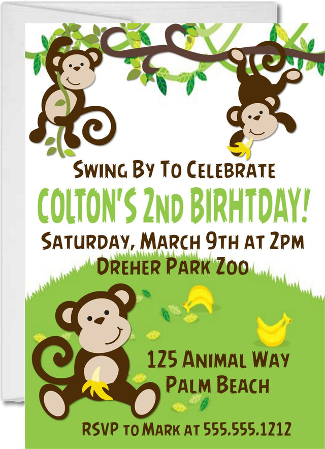 monkey birthday party invitations jungle safari design
