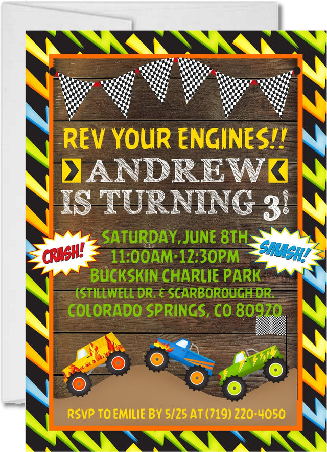 monster truck birthday party invitations truck rally design