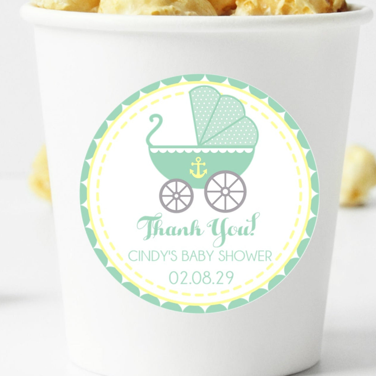 Mint and Yellow Baby Carriage Baby Shower Stickers