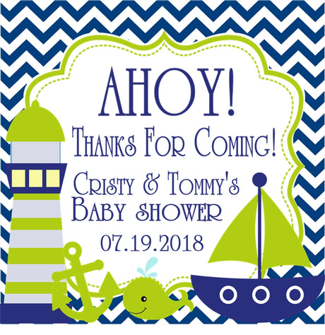 nautical baby shower sticker with lighthouse anchor whale and sailboat navy and lime design