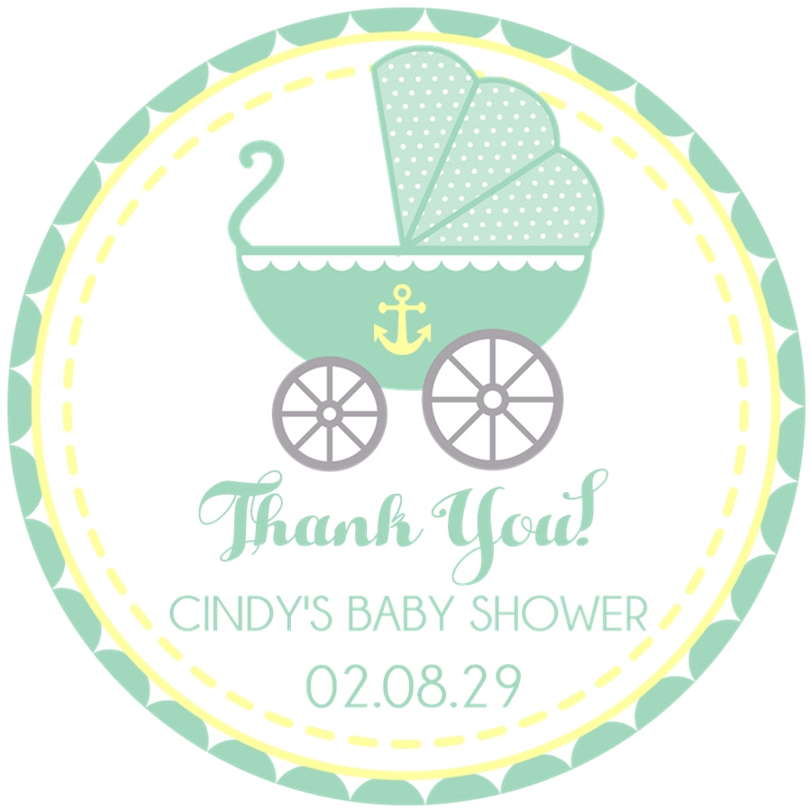 Mint and Yellow Baby Carriage Baby Shower Stickers