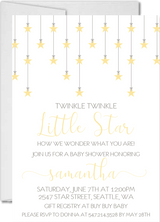neutral yellow twinkle twinkle baby shower invitations hanging star design