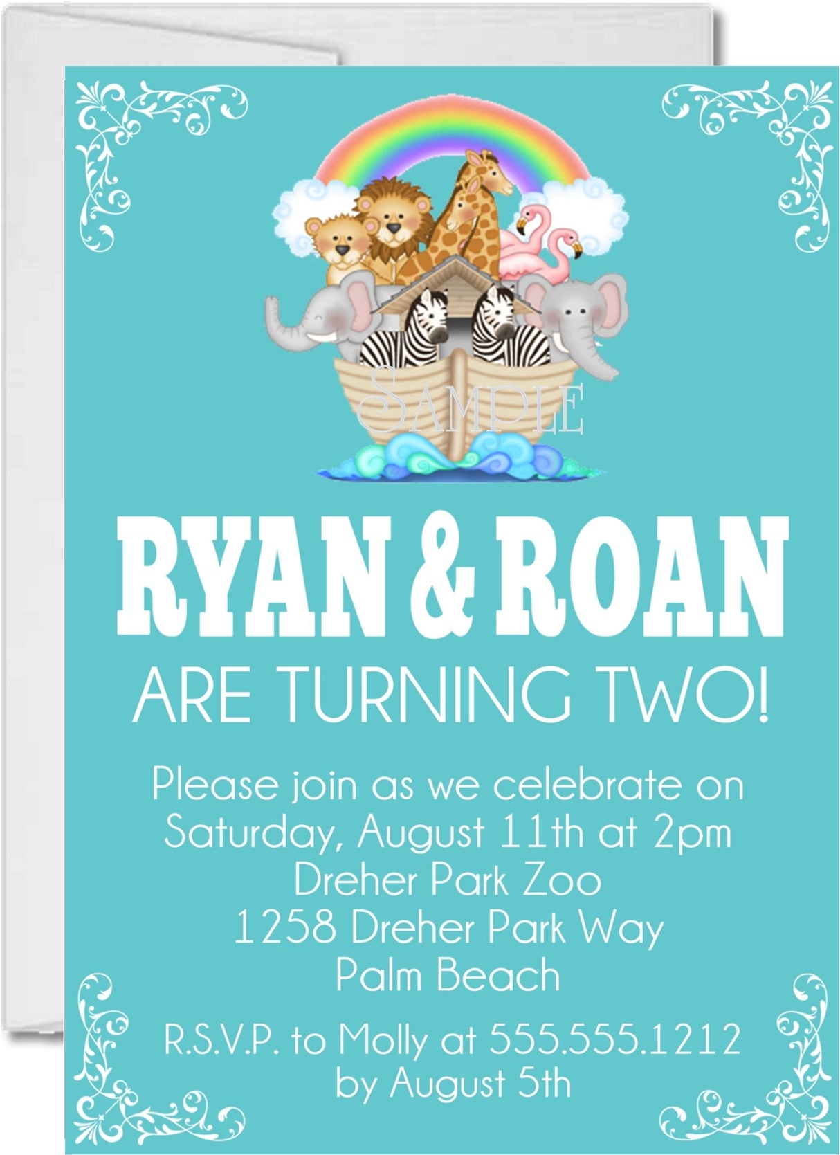 noah’s ark twin birthday invitations ark animal design