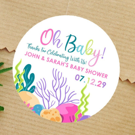 oh baby under the sea baby shower sticker with coral reef design