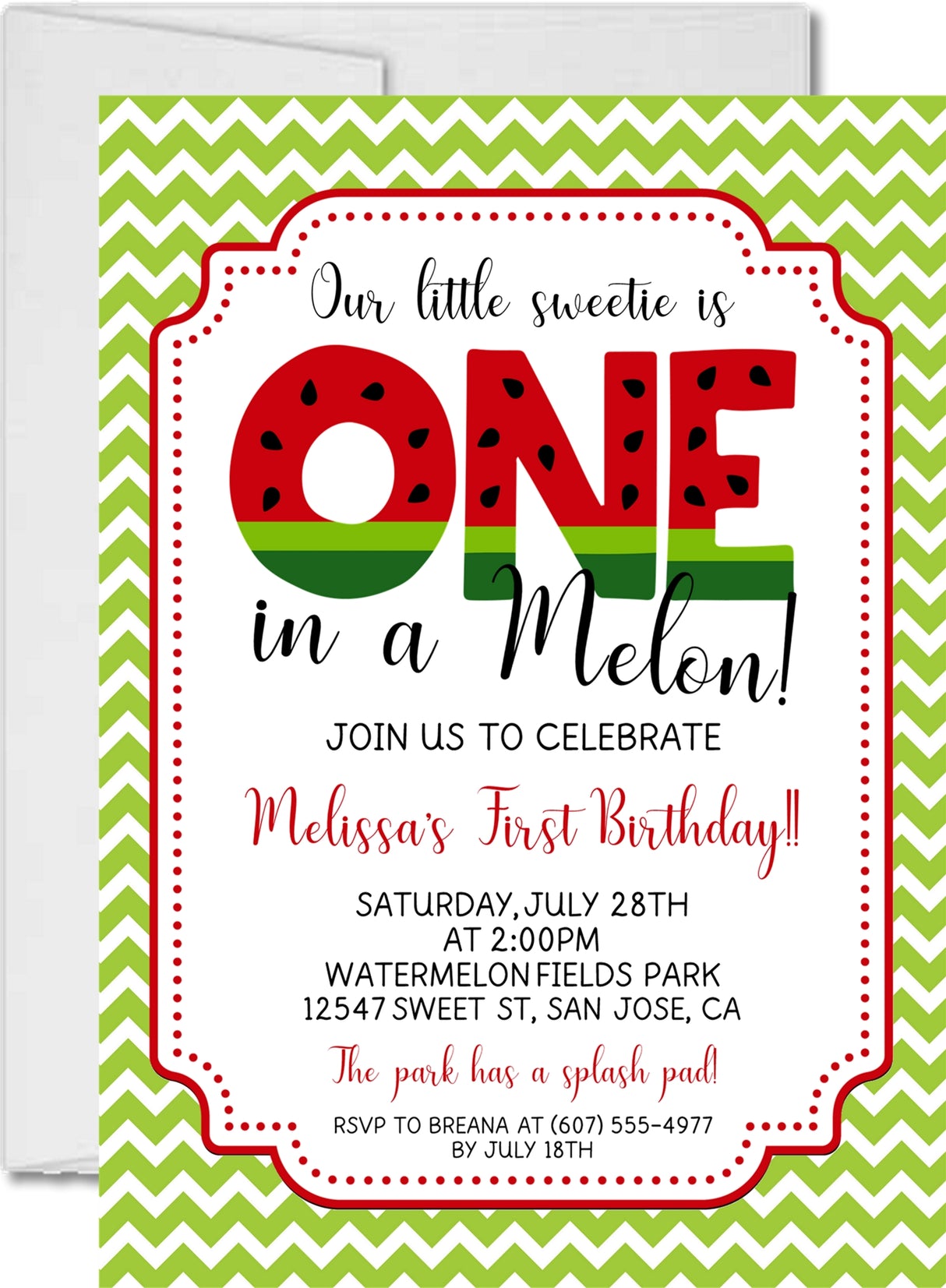 one in a melon watermelon 1st birthday invitations green chevron theme
