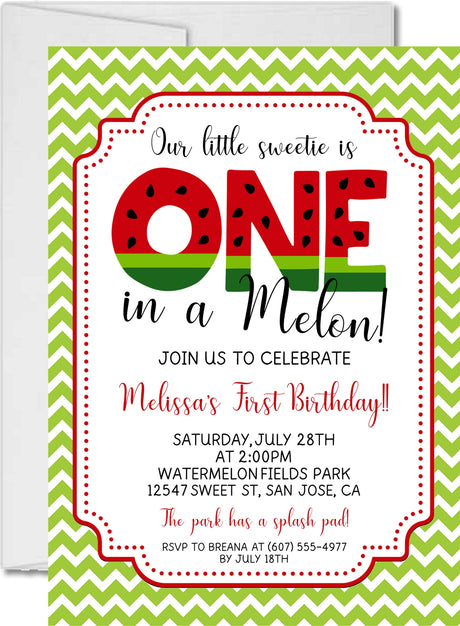one in a melon watermelon 1st birthday invitations green chevron theme