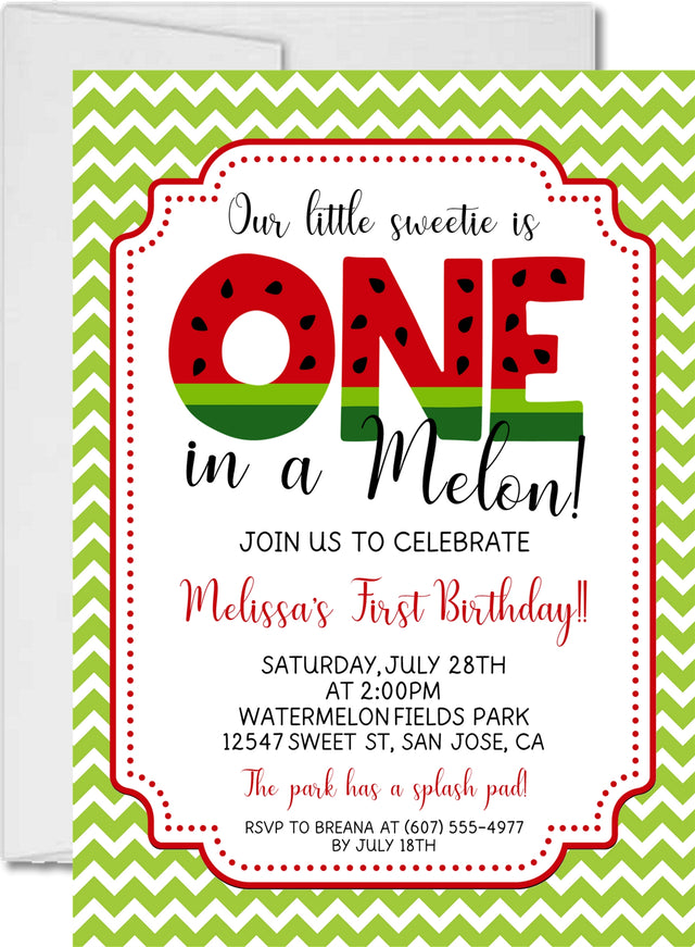 one in a melon watermelon 1st birthday invitations green chevron theme