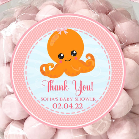 orange octopus baby shower sticker with pink border